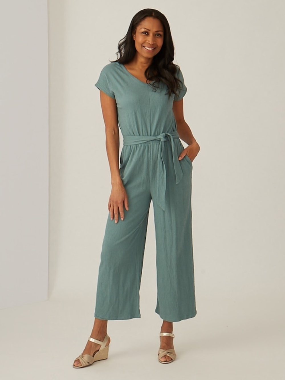 Cuddl Duds Teal Short Sleeve Wide Leg Jumpsuit with Tie Waist